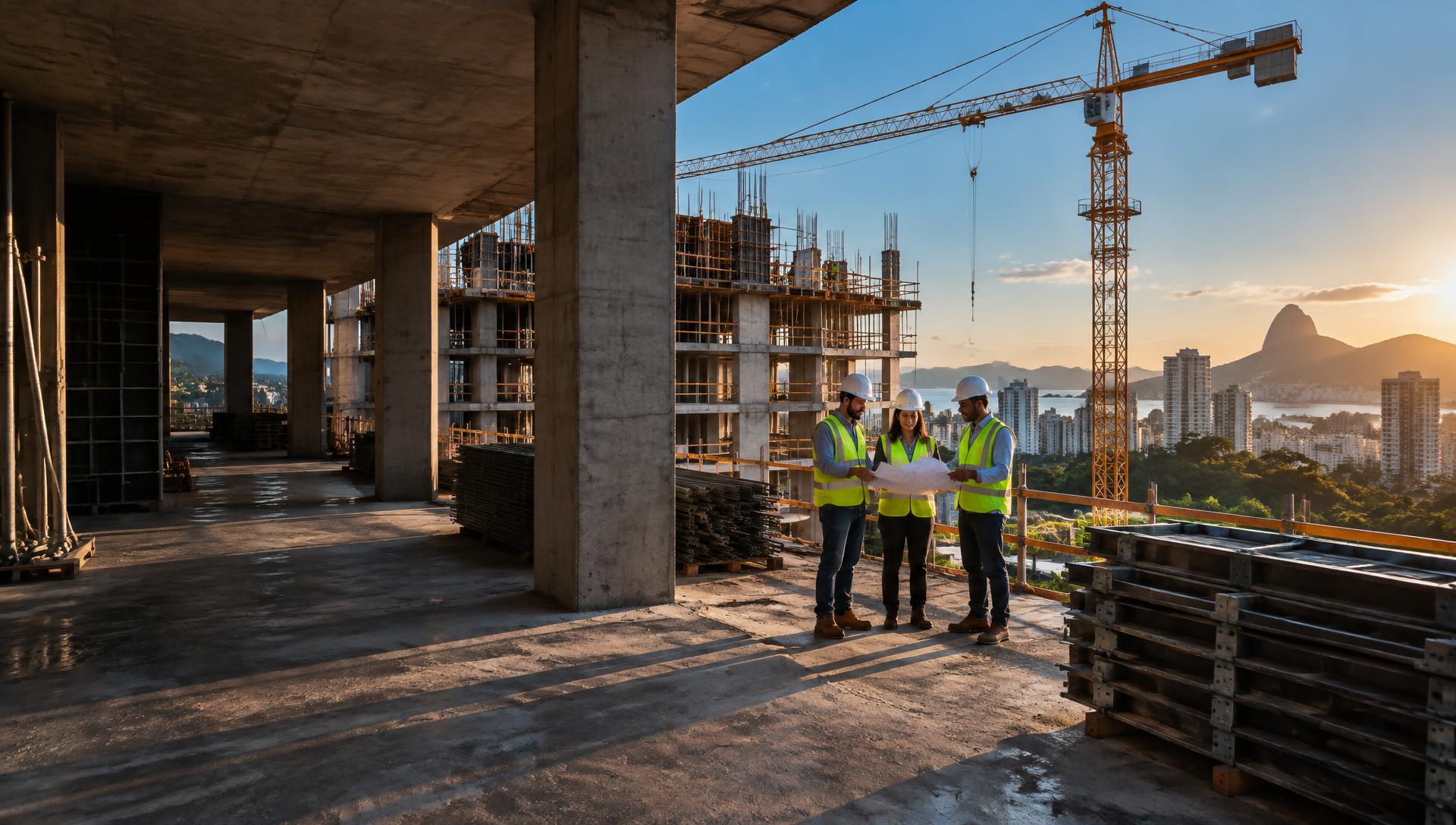Equipe de engenharia em obra de construção civil no Brasil